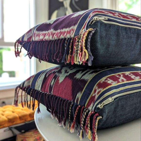 Linen & Denim Ikat Fringe Throw Pillow V1 - Picture 7 of 8